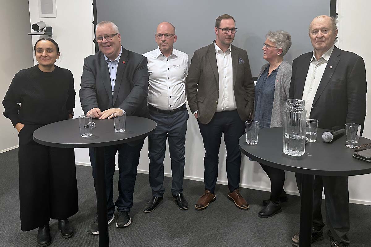 Bilde av Seher Aydar (Rødt), Bård Hoksrud (FrP), Tommy Skar (LHL), Erlend Svardal Bøe (Høyre), Tove Elise Madland (Ap) og Odd Einar Dørum (Venstre).